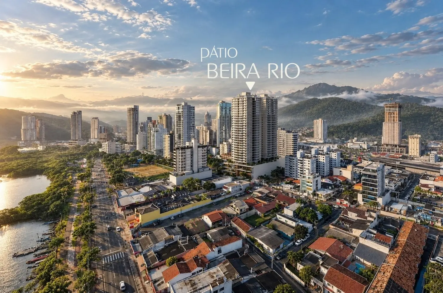 Vista aérea do Bairro Fazenda e da Beira Rio, em Itajaí, com a localização do Pátio Beira Rio