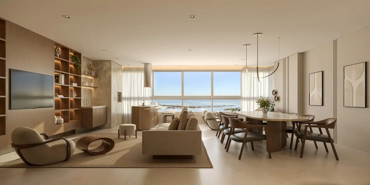 Living amplo com vista, sala de jantar e cozinha integrada