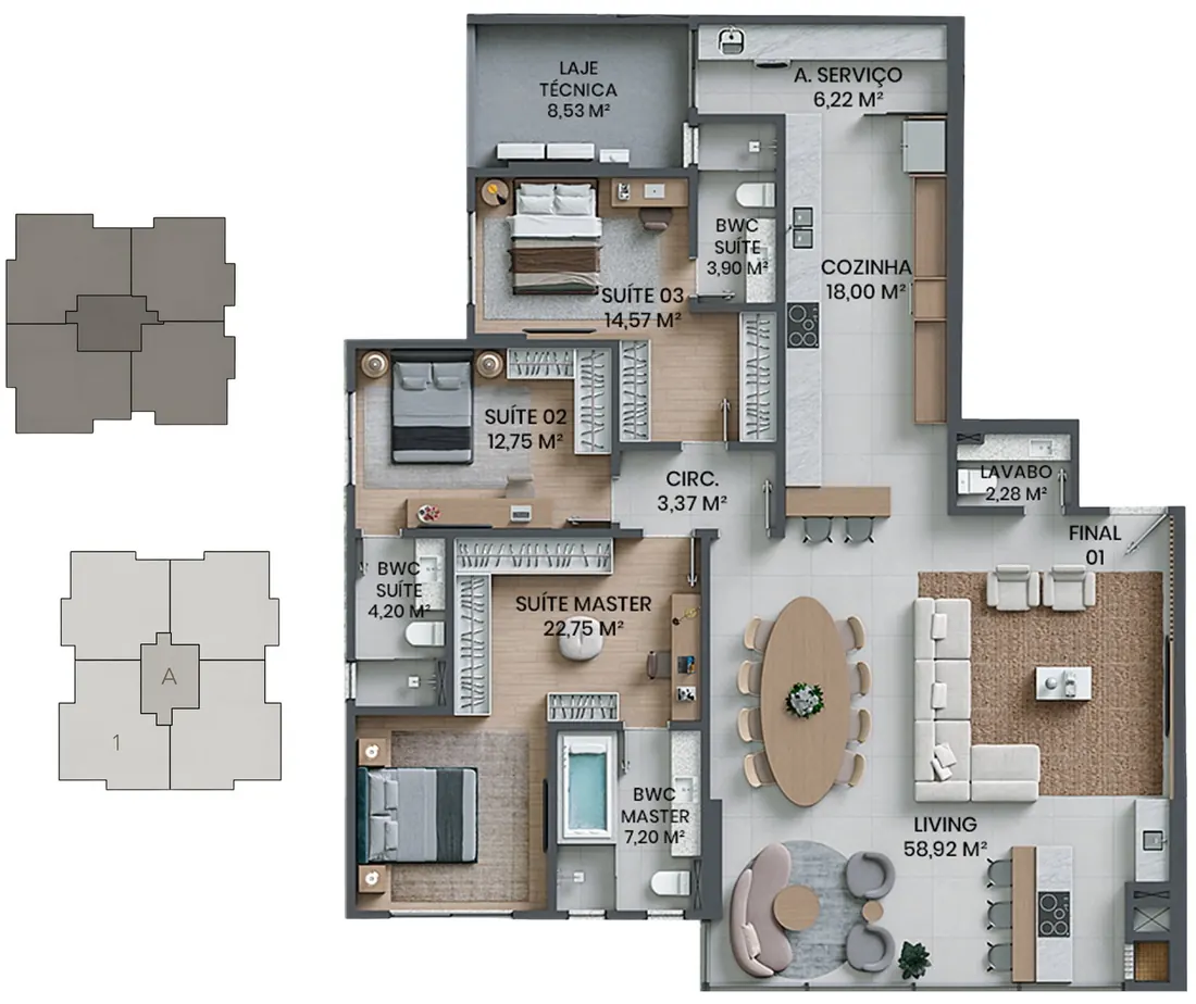 Planta do apartamento tipo, final 1, torre Figueira